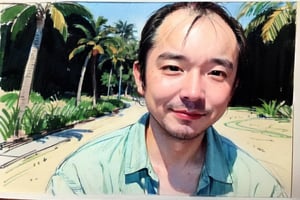 solo, looking at viewer, black hair, 1boy, closed mouth, upper body, male focus,, aloha shirt, palm trees, sandy beach, traditional media, facing viewer, realistic, rnhg ,sketch art,watercolor,rha30,fujimotostyle, (Thinning hair baldness)