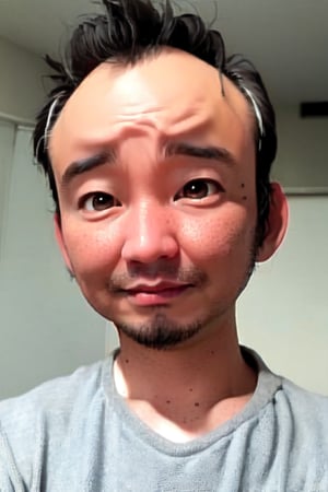 1boy, solo, looking at viewer, simple background, shirt, brown eyes, upper body, lips, portrait, (thin hair), wide forehead, little bald, short hair, rnhg