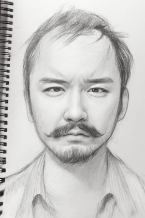 1 boy, looking at the viewer, shirt, black hair, 1 boy, closed mouth, white shirt, male focus, gray background, black eye, lips, facial hair, portrait, beard, realistic, moustache, grayscale, monochrome,advanced details,sketch,drawing,(sketch:1.5)), pencil speed drawing works, greyscale,sketch paint,ClrSkt