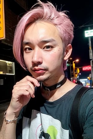 1boy, solo, brown eyes, lips, portrait,  wide forehead, rnhg , pastel pink hair, pastel green hair, messy style, oversized graphic t-shirt, choker, layered bracelets, vibrant city street, neon signs