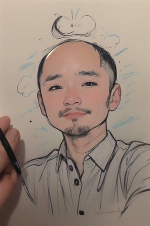 1boy, solo, looking at viewer, simple background, shirt, brown eyes, upper body, lips, portrait, (thin hair), wide forehead, little bald, short hair, rnhg, (Thinning hair baldness) ,(sketch),anime pose,sketch,mysketch,midjourney,cartoon