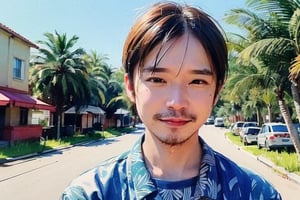 solo, looking at viewer, black hair, 1boy, closed mouth, upper body, male focus,, aloha shirt, palm trees, sandy beach, traditional media, facing viewer, realistic, rnhg ,sketch art,watercolor,rha30,fujimotostyle, (Thinning hair baldness)