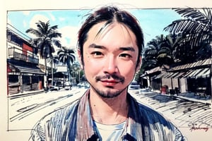 solo, looking at viewer, black hair, 1boy, closed mouth, upper body, male focus,, aloha shirt, palm trees, sandy beach, traditional media, facing viewer, realistic, rnhg ,sketch art,watercolor,rha30,fujimotostyle, (Thinning hair baldness)