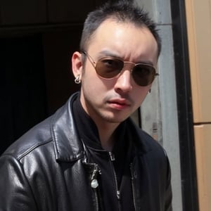 boy, solo, brown eyes, leather jacket, holographic jacket, metallic accessories, choker, sunglasses, earrings, nose ring, avant-garde fashion, ((Thinning hair baldness))