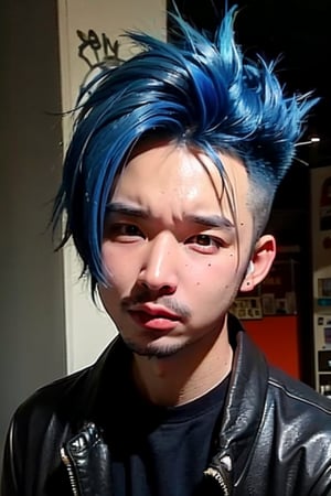 1boy, solo, brown eyes, lips, portrait,  wide forehead, rnhg , neon blue hair, dramatic mohawk, black leather jacket, colorful patches, studs, bold rings, nose piercing, graffiti-covered alleyway