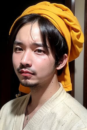 1boy, solo, brown eyes, lips, portrait,  wide forehead, rnhg , yellow headscarf, traditional attire, embroidered robe, ornate jewelry, rings, cultural, exotic, historical, regal, vibrant colors, ceremonial
