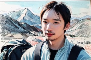 solo, looking at viewer, black hair, 1boy, closed mouth, upper body, male focus, summit, landscape, mountain range, clear sky,  backpack, windbreaker, traditional media, facing viewer, realistic, rnhg ,sketch art,watercolor,rha30,fujimotostyle, (Thinning hair baldness)