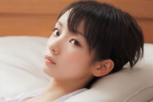 1girl, solo, looking at viewer, short hair, brown hair, black hair, brown eyes, upper body, blurry, black eyes, lips, bed, realistic,cak