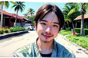solo, looking at viewer, black hair, 1boy, closed mouth, upper body, male focus,, aloha shirt, palm trees, sandy beach, traditional media, facing viewer, realistic, rnhg ,sketch art,watercolor,rha30,fujimotostyle, (Thinning hair baldness)