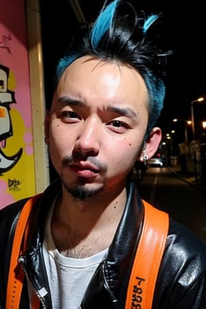 1boy, solo, brown eyes, lips, portrait,  wide forehead, rnhg , neon blue hair, dramatic mohawk, black leather jacket, colorful patches, studs, bold rings, nose piercing, graffiti-covered alleyway