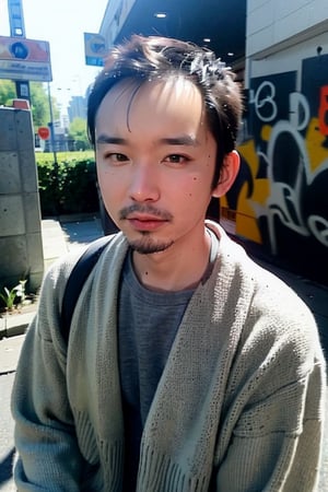 1boy, solo, brown eyes, portrait, looking at viewer, rnhg, (bobcut), 
urban setting, street fashion, confident pose, cityscape background, trendy clothing, graffiti walls