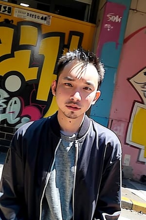 1boy, solo, brown eyes, portrait, looking at viewer, rnhg, (bobcut), 
urban setting, street fashion, confident pose, cityscape background, trendy clothing, graffiti walls