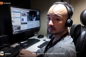 1boy, solo, brown eyes, portrait, looking at viewer, rnhg, (Thinning hair baldness), fake screenshot, phone screen, 
energetic, confident, headset, gaming chair, neon lights, RGB, focused expression, casual wear, immersive atmosphere