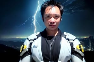 (masterpiece, high quality:1.5), (8K, HDR), masterpiece, best quality, 1boy, solo, upper body, FuturEvoLab style, black background, FuturEvoLab-Androgynous male, FuturEvoLabStyle:1.5, Thunder Flash, Lightning aura, Lightning, 