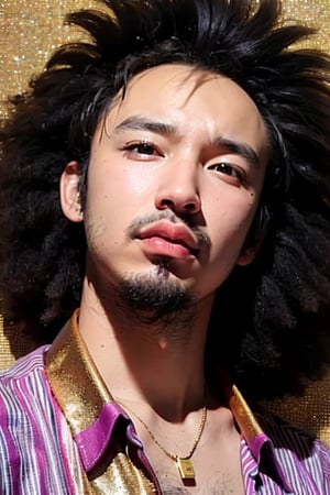 1boy, solo, brown eyes, lips, portrait, rnhg, ((afro-hair)), Retro, Colorful Shirt, Gold Necklace, 70s Vibe, Funky, Disco Background