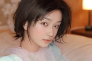 1girl, solo, looking at viewer, short hair, brown hair, black hair, brown eyes, upper body, blurry, black eyes, lips, bed, realistic,cak