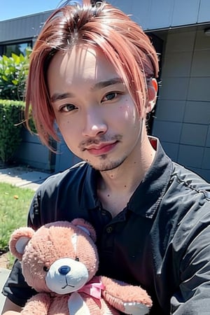 1boy, solo, brown eyes, portrait, looking at viewer, rnhg, ((Light pink hair)), holding a teddy bear, black collared shirt, park, blue sky