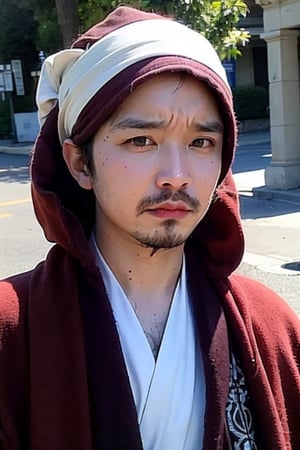 1boy, solo, brown eyes, lips, portrait,  wide forehead, rnhg , A man wearing a headscarf, traditional, cultural, ornate patterns, flowing robes, rich colors, intricate embroidery, desert, rugged, confident, timeless, ancient