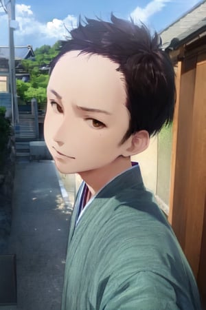 1boy, solo, looking at viewer, simple background, shirt, brown eyes, upper body, lips, portrait, (thin hair), wide forehead, short hair, rnhg,(masterpiece), scenery, ((Kyoto Animation Style))