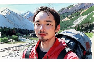 solo, looking at viewer, black hair, 1boy, closed mouth, upper body, male focus, summit, landscape, mountain range, clear sky,  backpack, windbreaker, traditional media, facing viewer, realistic, rnhg ,sketch art,watercolor,rha30,fujimotostyle, (Thinning hair baldness)