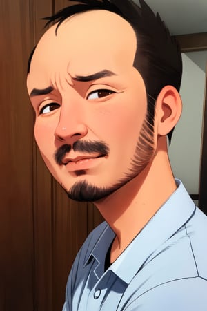 solo, looking at viewer, short hair, shirt, black hair, 1boy, brown eyes, closed mouth, male focus, facial hair, portrait, Thin beard, Thinning hair baldness