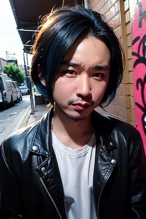 1boy, solo, brown eyes, lips, portrait,  wide forehead, rnhg , neon blue hair, dramatic mohawk, black leather jacket, colorful patches, studs, bold rings, nose piercing, graffiti-covered alleyway