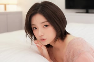 1girl, solo, looking at viewer, short hair, brown hair, black hair, brown eyes, upper body, blurry, black eyes, lips, bed, realistic,cak