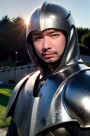 1boy, solo, brown eyes, portrait, looking at viewer, rnhg, holy shield, silver armor, solemn expression, sunset background, paladin shrouded in light, cross emblem