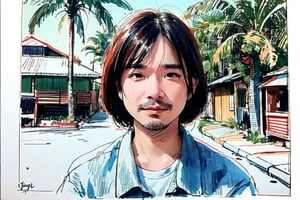 solo, looking at viewer, black hair, 1boy, closed mouth, upper body, male focus,, aloha shirt, palm trees, sandy beach, traditional media, facing viewer, realistic, rnhg ,sketch art,watercolor,rha30,fujimotostyle, 