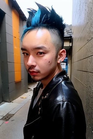 1boy, solo, brown eyes, lips, portrait,  wide forehead, rnhg , neon blue hair, dramatic mohawk, black leather jacket, colorful patches, studs, bold rings, nose piercing, graffiti-covered alleyway