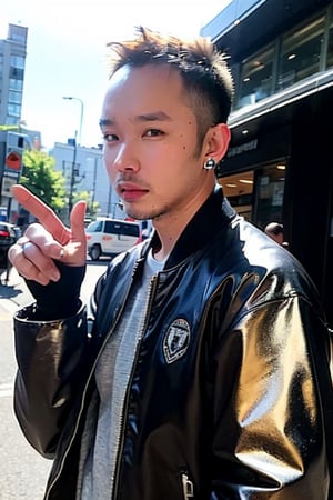 1boy, solo, brown eyes, lips, portrait,  wide forehead, rnhg , platinum blonde hair, sleek undercut, metallic bomber jacket, fingerless gloves, bold earrings, high-tech cityscape