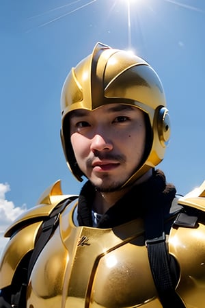 1boy, solo, brown eyes, portrait, looking at viewer, rnhg, golden armor, pose symbolizing courage, under the shining sun, paladin staring at the battlefield, sacred symbol