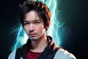 (masterpiece, high quality:1.5), (8K, HDR), masterpiece, best quality, 1boy, solo, upper body, FuturEvoLab style, black background, FuturEvoLab-Androgynous male, FuturEvoLabStyle:1.5, Thunder Flash, Lightning aura, Lightning, ((masterpiece, best quality))