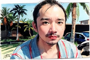 solo, looking at viewer, black hair, 1boy, closed mouth, upper body, male focus,, aloha shirt, palm trees, sandy beach, traditional media, facing viewer, realistic, rnhg ,sketch art,watercolor,rha30,fujimotostyle, (Thinning hair baldness)