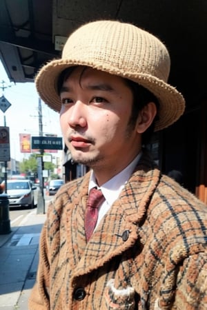 man, Portrait, hunting hat, vintage style, tweed jacket, retro background, black and white photography style, old streetscape, natural light