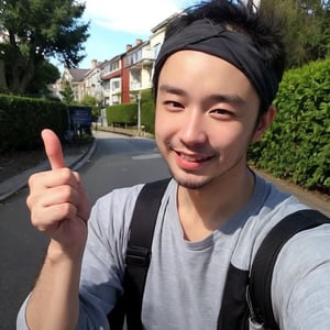 solo, smile, brown hair, 1boy, male focus, grin, headband, scar, realistic, thumbs up, Feathered Bandana