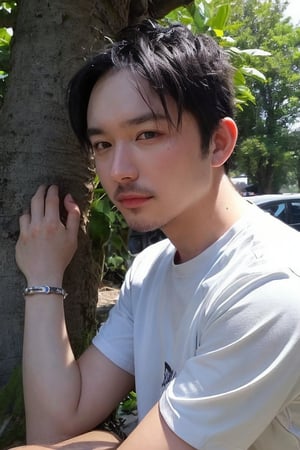 solo, looking at viewer, shirt, black hair, 1boy, jewelry, white shirt, upper body, short sleeves, male focus, outdoors, day, black eyes, bracelet, tree, realistic, bead bracelet, photo background, Thinning hair baldness