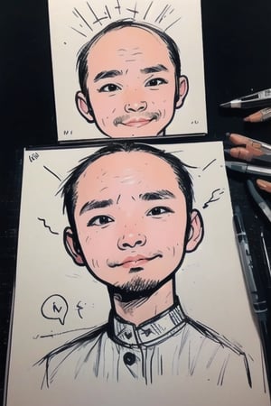 1boy, solo, looking at viewer, simple background, shirt, brown eyes, upper body, lips, portrait, (thin hair), wide forehead, little bald, short hair, rnhg, (Thinning hair baldness) , (sketch),anime pose,sketch,mysketch,midjourney,cartoon