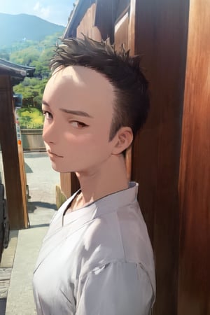 1boy, solo, looking at viewer, simple background, shirt, brown eyes, upper body, lips, portrait, (thin hair), wide forehead, short hair, rnhg,(masterpiece), scenery, ((Kyoto Animation Style))