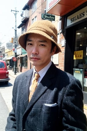 man, Portrait, hunting hat, vintage style, tweed jacket, retro background, black and white photography style, old streetscape, natural light