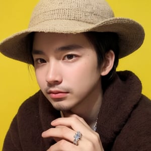 solo, simple background, brown hair, 1boy, hat, jewelry, upper body, male focus, food, fruit, ring, yellow background, realistic, what, lemon