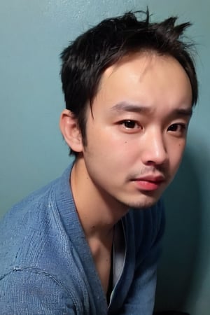 1boy, solo, looking at viewer, indigo blue background, shirt, brown eyes, upper body, lips, portrait, (thin hair), wide forehead, little bald, short hair, rnhg,