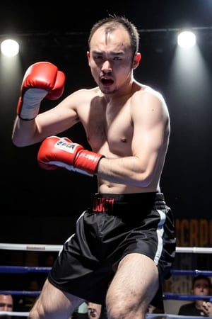 1boy, solo, brown eyes, portrait, rnhg, male kickboxer, muscular, fighting stance, intense expression, boxing gloves, shorts, sweat, action pose, gym background, dynamic lighting, motion blur, (Thinning hair baldness)