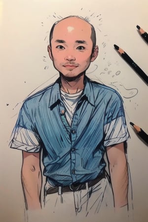 1boy, solo, looking at viewer, simple background, shirt, brown eyes, upper body, lips, portrait, (thin hair), wide forehead, little bald, short hair, rnhg, (Thinning hair baldness) ,(sketch),anime pose,sketch,mysketch,midjourney,cartoon