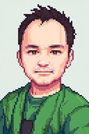 1boy, solo, looking at viewer, simple background, shirt, brown eyes, upper body, lips, portrait, (thin hair), wide forehead, little bald, short hair, rnhg,Pixel art