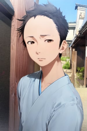 1boy, solo, looking at viewer, simple background, shirt, brown eyes, upper body, lips, portrait, (thin hair), wide forehead, short hair, rnhg,(masterpiece), scenery, ((Kyoto Animation Style))