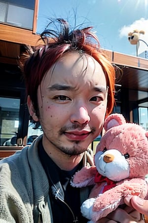 1boy, solo, brown eyes, portrait, looking at viewer, rnhg, ((Light pink hair)), holding a teddy bear, black collared shirt, park, blue sky