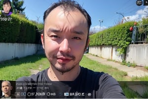 1boy, solo, brown eyes, portrait, looking at viewer, rnhg, (Thinning hair baldness), fake screenshot, phone screen, 
 RGB, male streamer, live chat overlay, En plein air, External distribution, Massive Comments