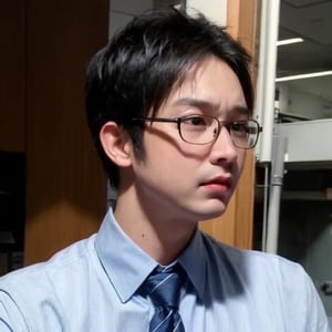 solo, looking at viewer, blonde hair, shirt, black hair, 1boy, closed mouth, white shirt, upper body, male focus, multicolored hair, necktie, glasses, collared shirt, two-tone hair, formal, suit, clenched hand, realistic