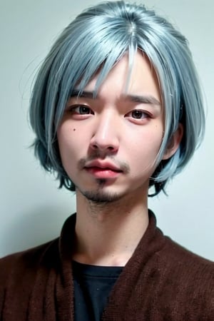 1boy, solo, brown eyes, portrait, rnhg, white background, simple background, cosplay, (Rei Ayanami), ((light blue hair)), realistic, 